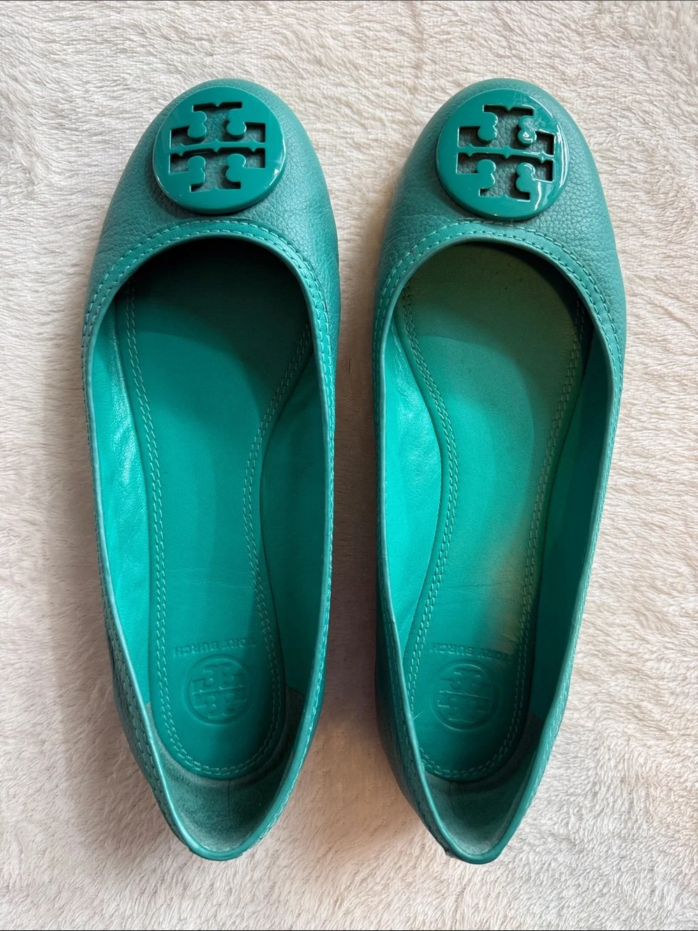 Tory Burch Turquoise Teal Leather Logo Ballet Flats Size 8